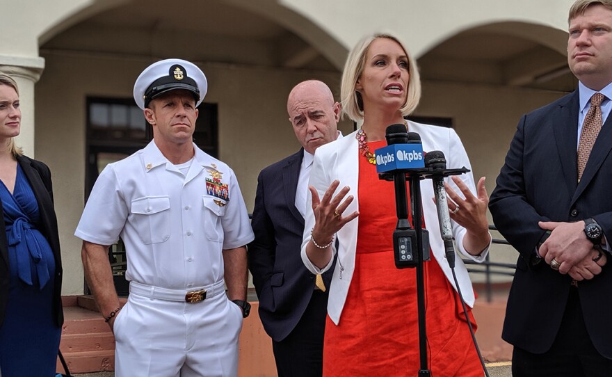 Special Operations Chief Edward Gallagher’s wife addresses the media during a press conference, May 30, 2019.