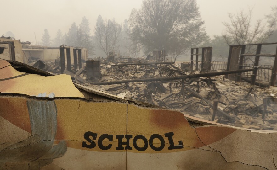 The burned remains of Paradise Elementary School is seen Friday, in Paradise, Calif. Authorities say a wildfire has all but destroyed the Northern California town.