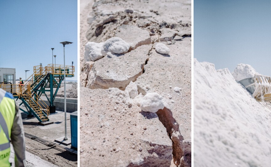 Left: Workers monitor the 150 precipitation pools at the Albemarle mine. Center and right: Salt, a byproduct of the brine evaporation process, is piled up at the Albemarle lithium mine in the Atacama Desert on Aug. 24.