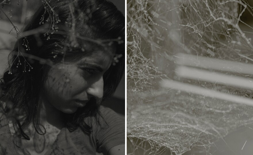 Left: A self-portrait. Right: Detail of a spiderweb at home.