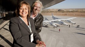 The dedication of the Virgin Galactic Gateway in Spaceport America, New Mexico, October 17, 2011. Gov. Susana Martinez and Virgin Galactic owner Richard Branson.