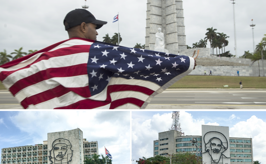 (Top) Standing near the Jose Marti Memorial, a Cuban man holds a USA flag as President Obama and Cuban President Raul Castro hold a joint press conference after their meeting in Havana on Monday; (bottom) the plaza surrounding the Jose Marti Memorial visited by President Obama.