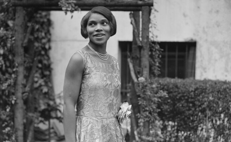 An undated portrait of America contralto Marian Anderson at her home.