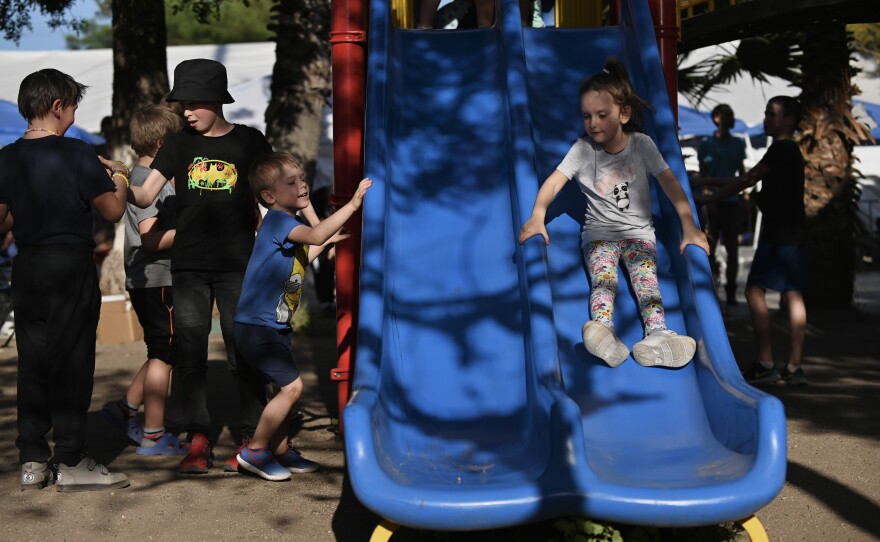 Children played at the Benito Juarez Sports Complex shelter.