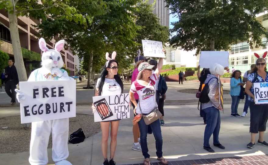 Supporters of a RESIGN! rally gather at Rep. Duncan Hunter, R-Calif court appearance, July 1, 2019.