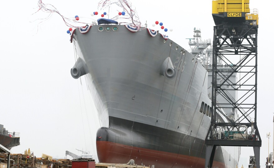 The U.S. Navy launches the USNS Harvey Milk in San Diego, Saturday, Nov. 6, 2021.
