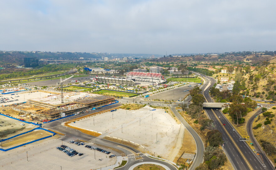 An undated aerial photo shows construction underway at SDSU Mission Valley.