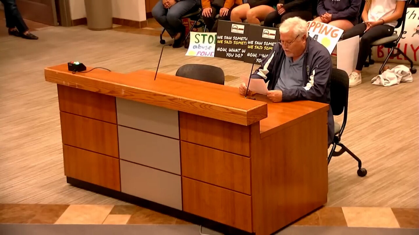 Del Norte softball coach Alan Stockton is shown testifying before the Poway Unified School Board on Nov. 9, 2023.