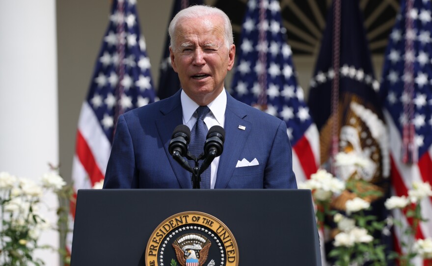 President Biden delivers remarks during an event in the Rose Garden of the White House on Monday.