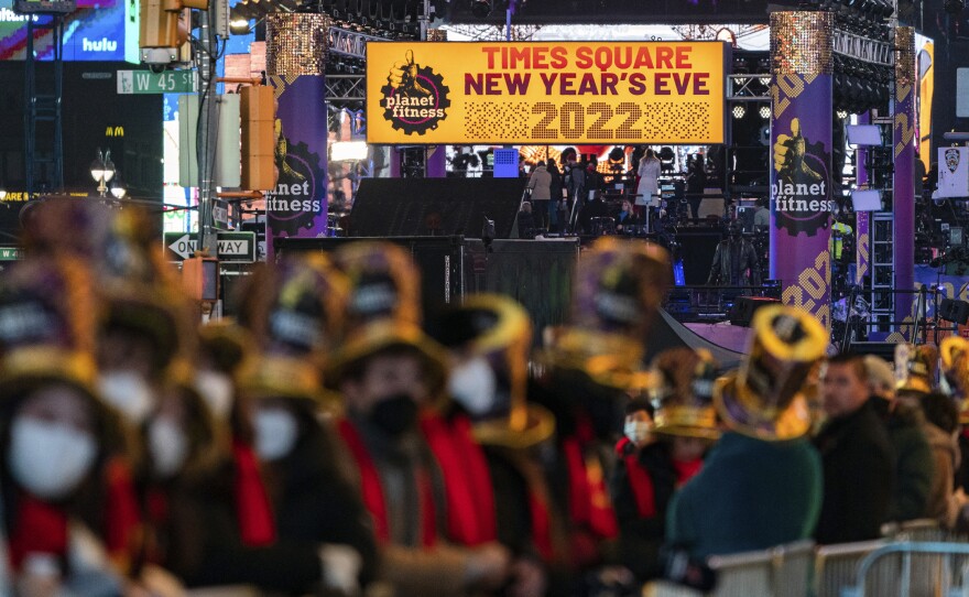 Revellers gather during the New Year's Eve celebrations in Times Square on Friday.