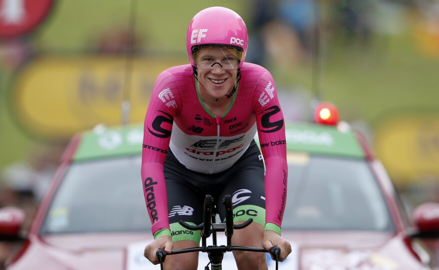 Lawson Craddock is seen finishing the individual time trial on Saturday, assuring his ability to finish the Tour de France in Paris on the next day.