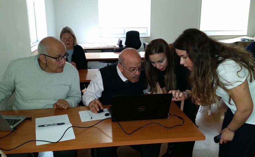 UfS students mingle with college-age colleagues during in-person classes on the American University of Beirut campus.