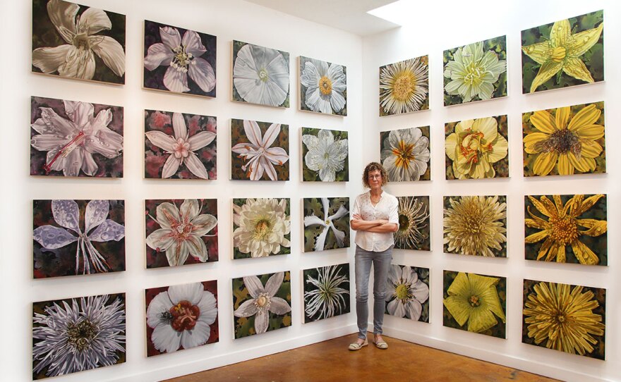 Artist Gail Roberts is pictured with a portion of her exhibition, "Color Field," opening Saturday, Sept. 11, 2021 at Quint Gallery.