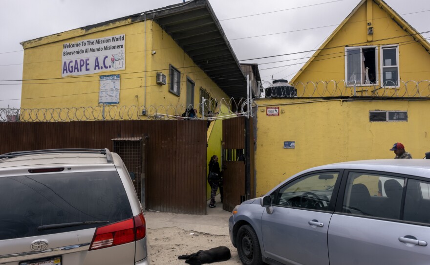 The outside of Ágape Misíon Mundial, a migrant shelter in Tijuana, Mexico, April 25, 2023. The shelter houses roughly 650 men, women and children, many of them waiting for asylum hearings.