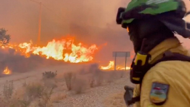 This image made from video provided by INFOCA shows firefighters battling a wildfire near Los Gallardos, Almeria, Spain, on Thursday, July 9, 2026.