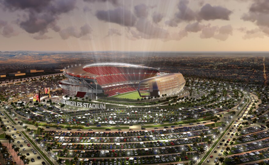 This undated artist rendering, provided by MANICA Architecture, shows a proposed $1.7 billion NFL stadium in the city of Carson that the San Diego Chargers and Oakland Raiders would share.