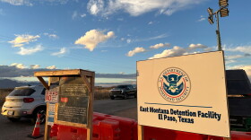 A sign marks the entrance to a series of hardened tents at the Camp East Montana immigrant detention center in the desert at a U.S. Army base on the outskirts of El Paso, Texas, Feb. 13, 2026.