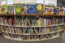 Books sit on shelves in an elementary school library in suburban Atlanta on Aug. 18.