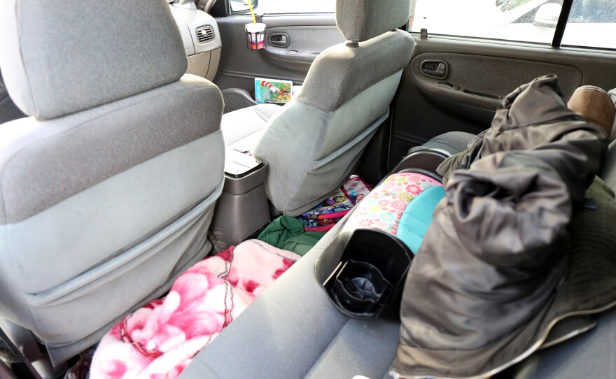 The inside of the Kia Sportage where Elena and her daughters sleep, April 29, 2016.