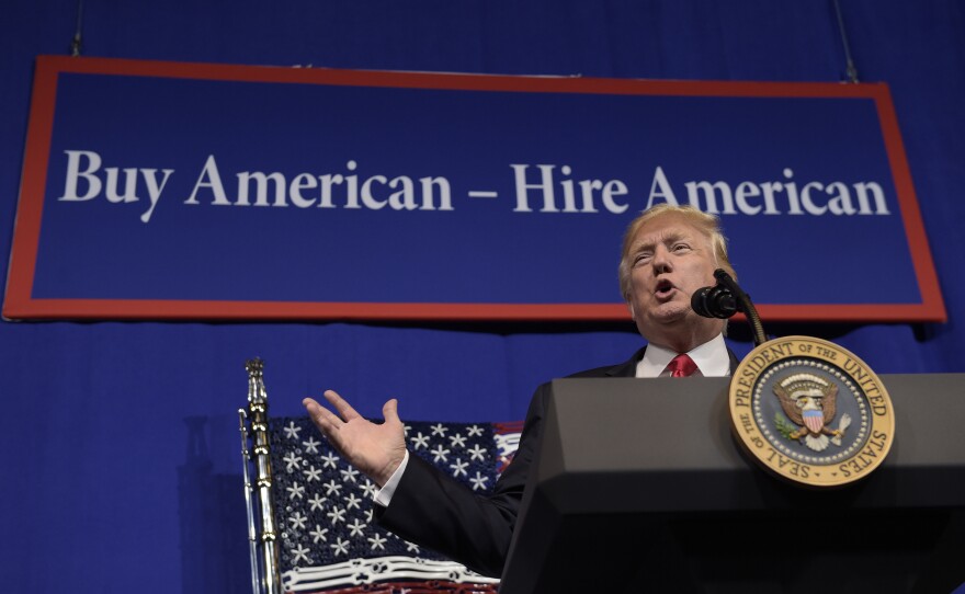 President Donald Trump speaks at tool manufacturer Snap-on Inc. in Kenosha, Wis., Tuesday, April 18, 2017. 