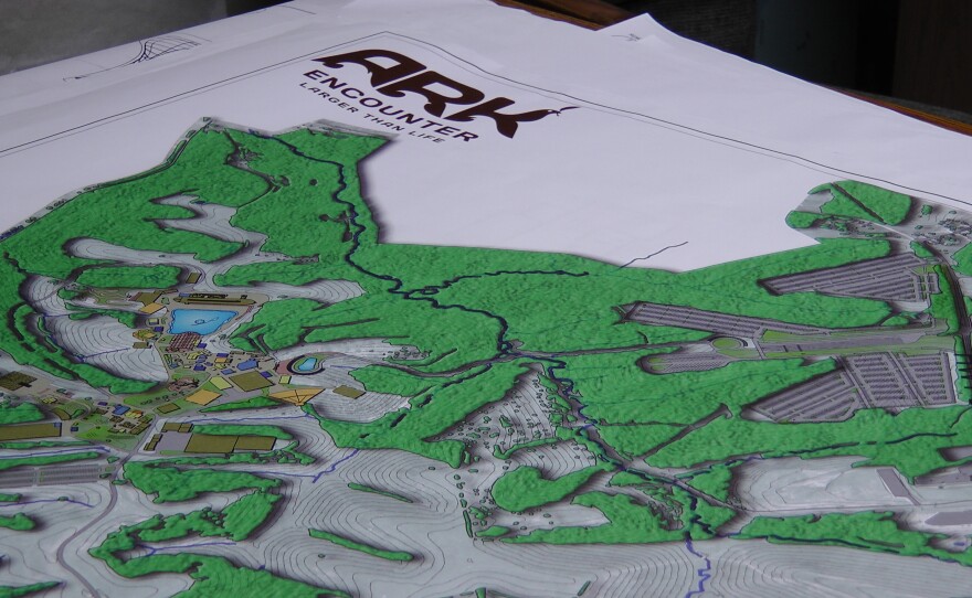 This July 7, 2011, photo shows plans for a proposed religious theme park called Ark Encounter, at the Ark Encounter headquarters in Hebron, Ky. Kentucky says that the project is ineligible for tax incentives