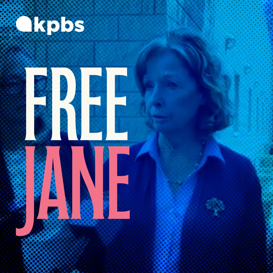 A blue, pink and white graphic reading "Free Jane" is overlaid on an undated photo of Jane Dorotik. 