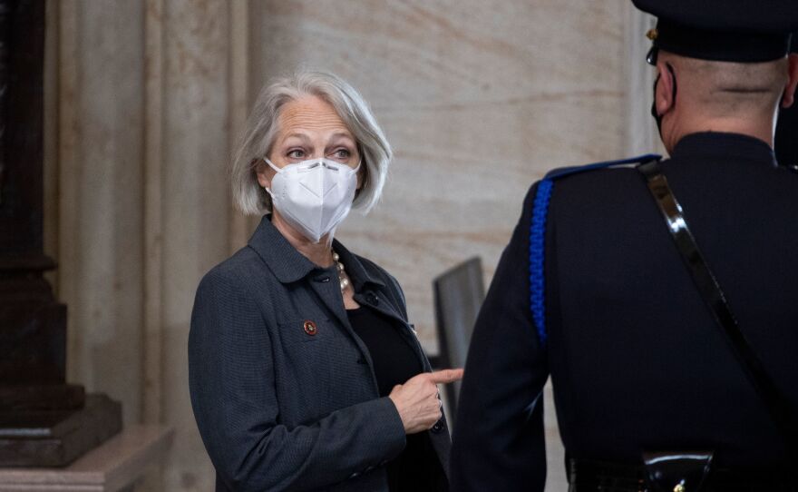 Senate Sergeant-at-Arms Karen Gibson attends the service for slain U.S. Capitol Officer William "Billy" Evans, as his remains lie in honor in the Capitol Rotunda on Tuesday.
