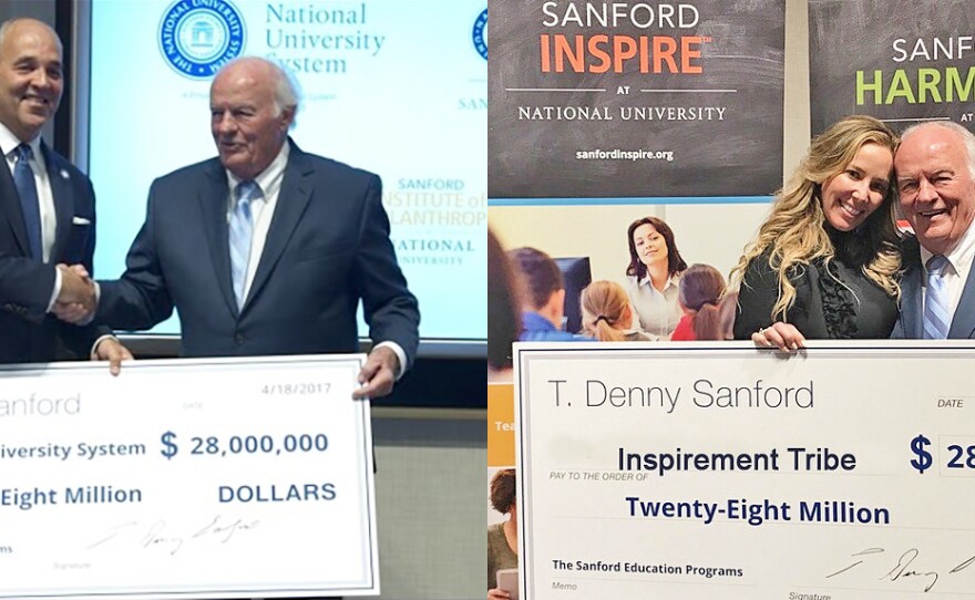 A screenshot is shown (left) of T. Denny Sanford giving a $28 million check to the National University System on April 18, 2017, the same day he is shown holding a $28 million check with Tyree Dillingham, CEO of Inspirement Tribe (right).