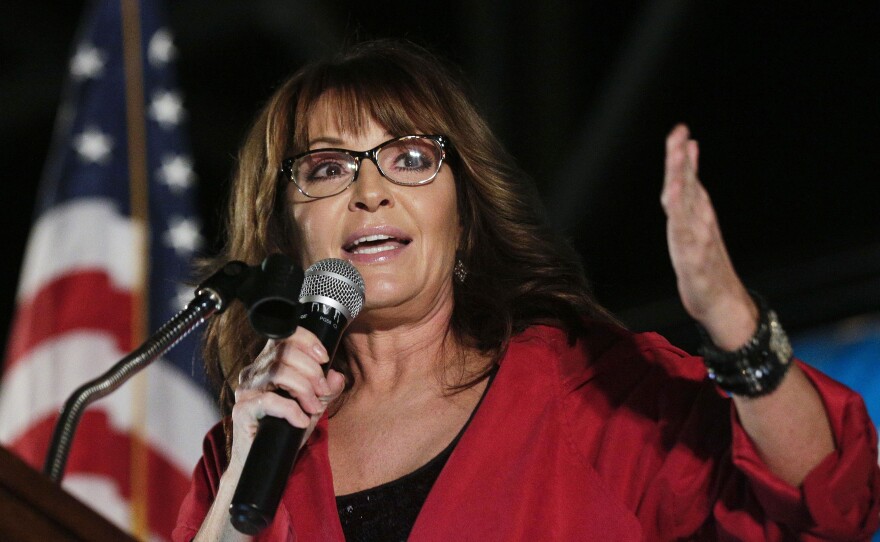 Former vice presidential candidate Sarah Palin speaks at a rally in September 2017, in Montgomery, Ala. Her court battle against <em>The New York Times </em>resumes on Thursday.