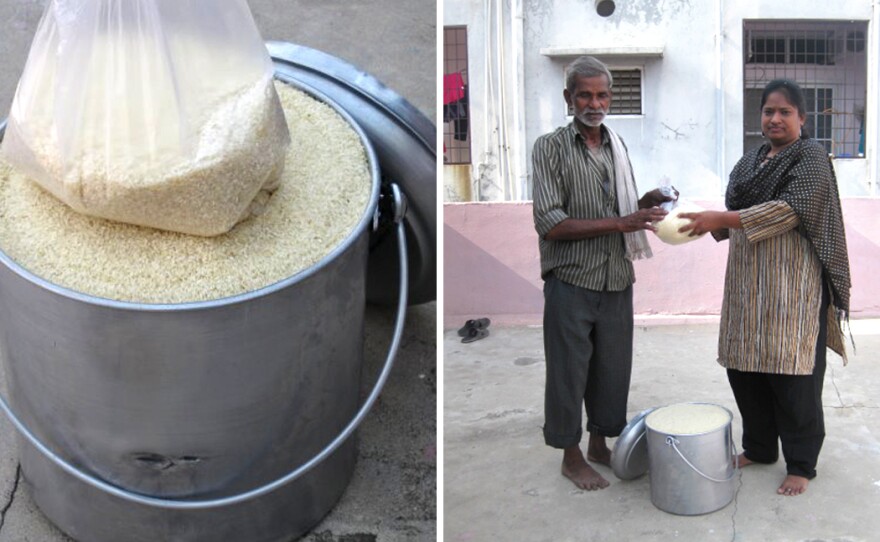 Rice is just as nice as ice when it comes to bucket challenges. Right: Manju Latha Kalanidhi, inventor of the Rice Bucket Challenge, gives grains to a hard-working neighbor.