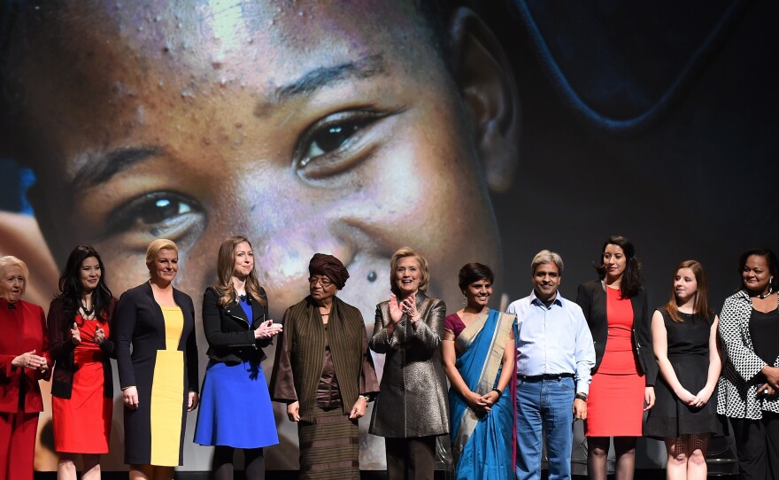 Hillary and Chelsea Clinton flank Liberian President Ellen Johnson-Sirleaf (in brown headwrap) at an event held this week in conjunction with the U.N. Commission on the Status of Women.