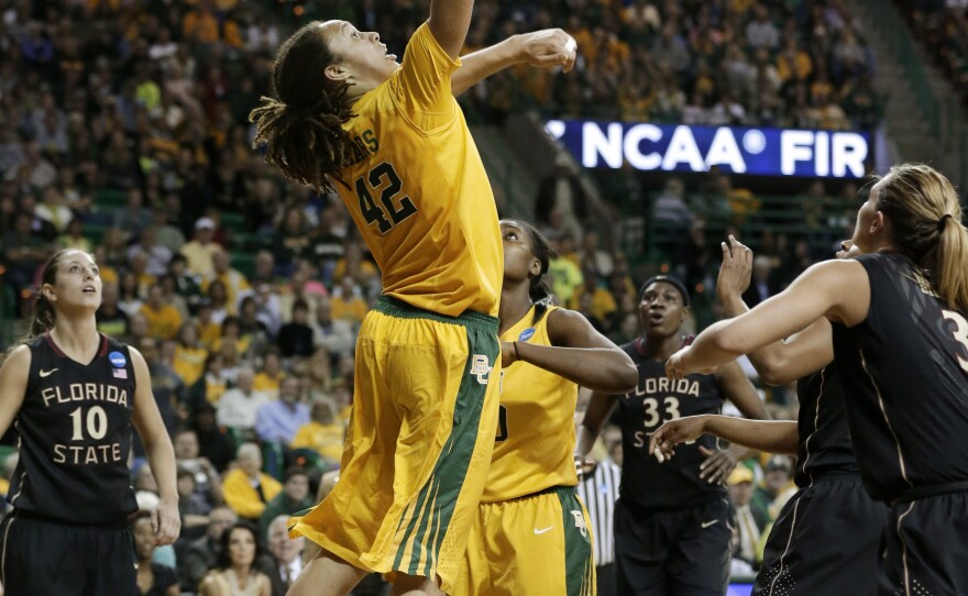 Baylor's Brittney Griner goes up to dunk in a second-round game of the NCAA women's college basketball tournament against Florida State on Tuesday in Waco, Texas. On Sunday, Baylor faces Louisville.