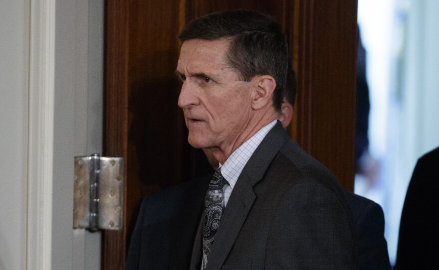 In this Feb. 13, 2017 file photo, Mike Flynn arrives for a news conference in the East Room of the White House in Washington.