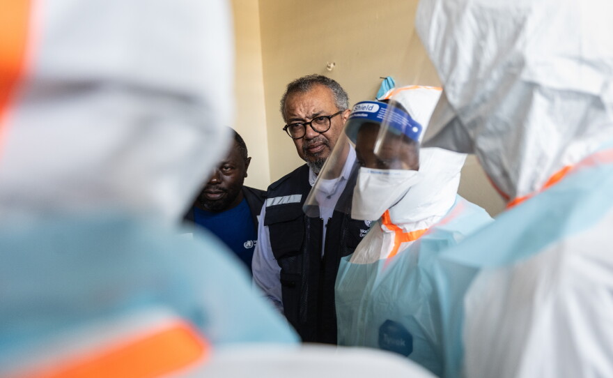 Director General of the World Health Organisation (WHO), Tedros Adhanom Ghebreyesus, visits health workers at the Evangelical Medical Centre (CEM) in Bunia, Congo, Sunday, May 31, 2026.