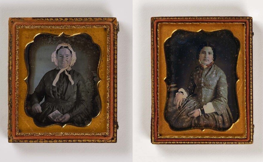 (Left) <em>Untitled (smiling woman, photo case)</em>, ca. 1850, sixth-plate daguerreotype; (Right) <em>Untitled (woman with books)</em>, undated, quarter-plate daguerreotype. Smithsonian American Art Museum, the L. J. West Collection of Early African American Photography, Museum purchase made possible through the Franz H. and Luisita L. Denghausen Endowment.