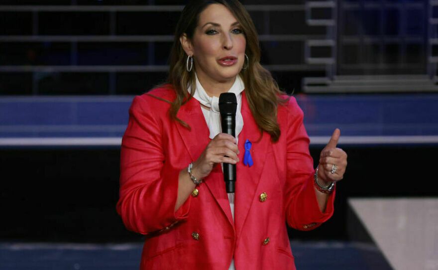 Former RNC Chairwoman Ronna McDaniel, shown at last November's Republican presidential primary debate on NBC. The network hired her and then fired her in the course of a week after a newsroom revolt.