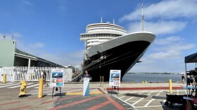 San Diego Mayor Todd Gloria speaking in front of the Holland America cruise ship Koningsdam near the B Street Pier, June 21, 2021.