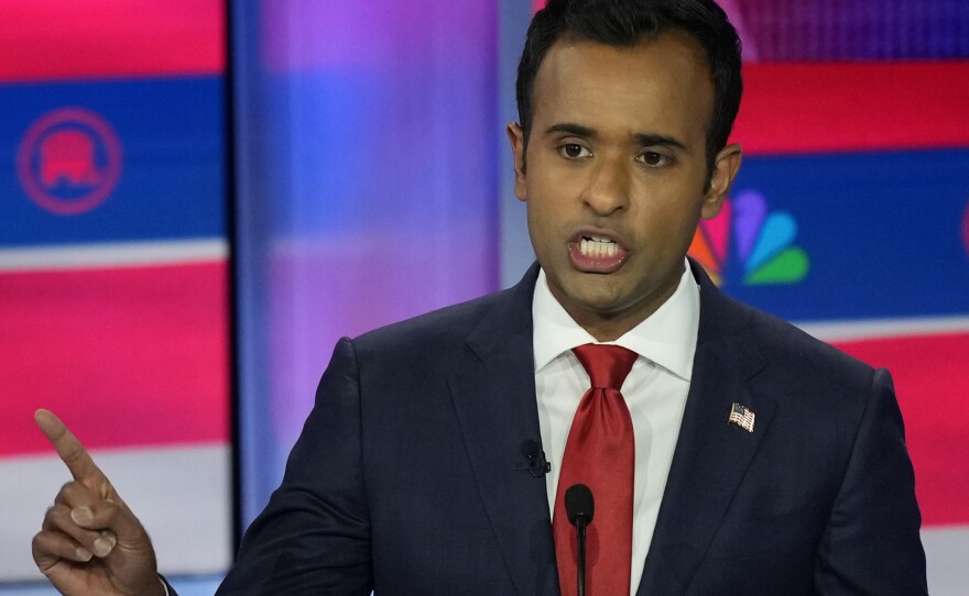 Republican presidential candidate businessman Vivek Ramaswamy speaks during a Republican presidential primary debate hosted by NBC News on Wednesday in Miami.