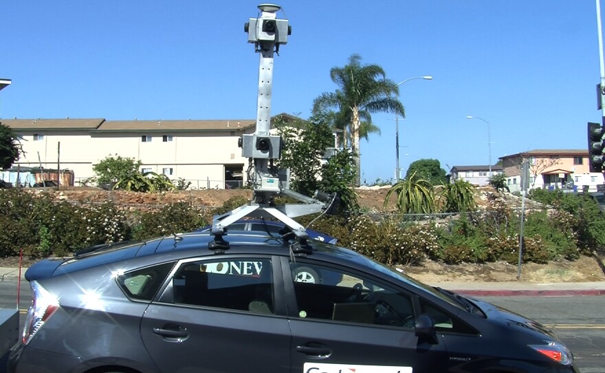 A car owned by Cartegraph Systems outfitted with a camera that will assess the condition of San Diego's roads. Feb. 17, 2015.