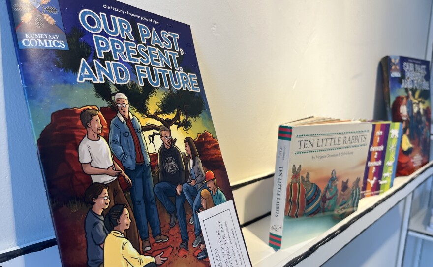 Comics like and visual stories created by indigenous artists like 'Our Past, Present, and Future'  line shelves on a wall at La Jolla Historical Society, July 17, 2025.
