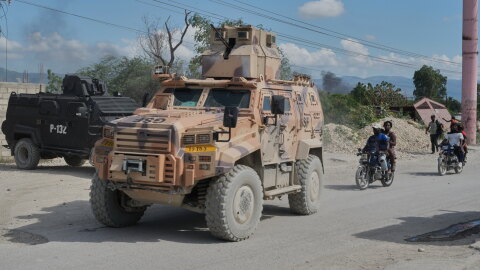 Armored police vehicles that are part of the Gang Suppression Force (GSF) patrol the Tabarre neighborhood of Port-au-Prince, Haiti, Monday, Oct. 19, 2026.