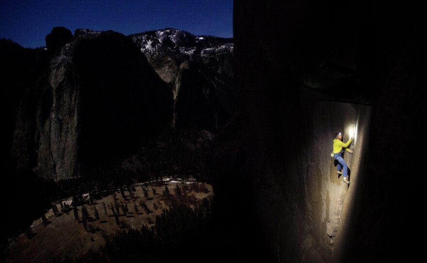 Tommy Caldwell says he prefers to climb at night when the rock is cooler, his hands sweat less and the friction is better. He and Jorgeson have been trying for seven years to scale the whole Dawn Wall in one shot.