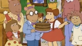 (From left) Dora Winifred "D.W." Read, Allen "The Brain" Powers, Arthur Read, Muffy Crosswire, Jane Read, and Sue Ellen Armstrong celebrating Arthur and Muffy's birthdays from "Happy Birthday Arthur" in 1996.