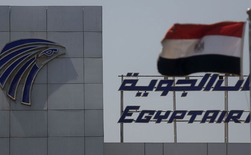 The EgyptAir logo on a building at Cairo International Airport. EgyptAir Flight 804 was carrying 66 people from Paris to Cairo on May 19 when it crashed in the Mediterranean.