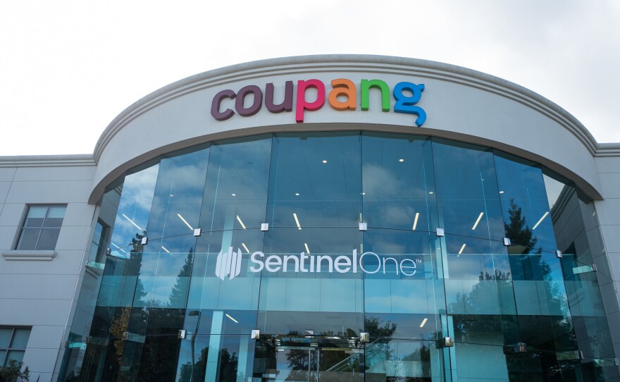 The shared headquarters of cybersecurity company SentinelOne and internet company Coupang in the Silicon Valley town of Mountain View, Calif., on Oct. 28, 2018. A SentinelOne threat researcher reviewed an analysis of Swamy's desktop computer done by Arsenal Consulting and said the hacker looks familiar.