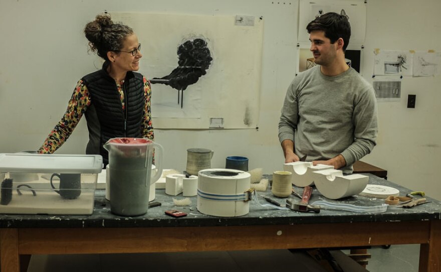 Linda Sikora with graduate student Lea Griggs at Alfred University, School of Art and Design in Alfred, N.Y.