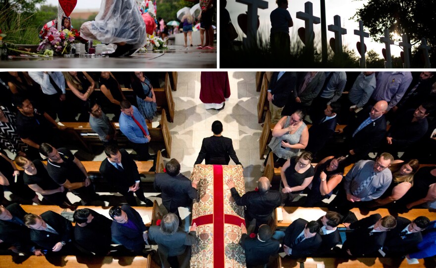 (Left) Anesha Collins leaves flowers to honor her friend Shane Evan Tomlinson and other victims at a makeshift memorial a few blocks from Pulse. (Right) Crosses for each of the victims line a walkway in Orlando as a memorial to those killed. (Bottom) A procession with the casket of Christopher Andrew Leinonen, one of the 49 victims killed, enters a church for Leinonen's funeral on June 18.