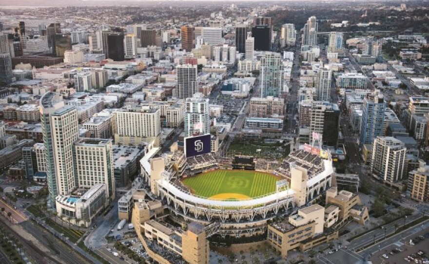 An aerial view of downtown, including Petco Park.