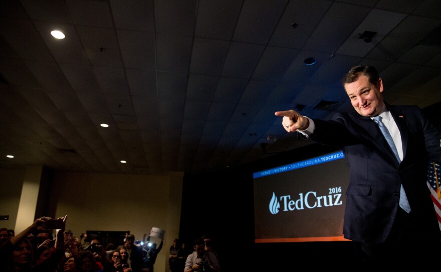 Republican presidential candidate Ted Cruz arrives for a South Carolina primary night rally at the South Carolina State Fairgrounds in Columbia, S.C.