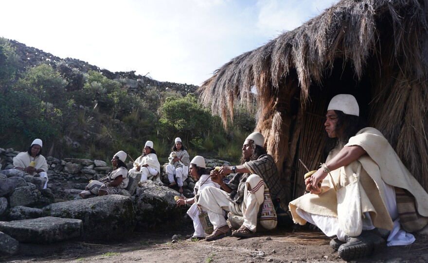 Villagers gathered in the Arhuaco community of Yechiki; Kutunsama, Colombia